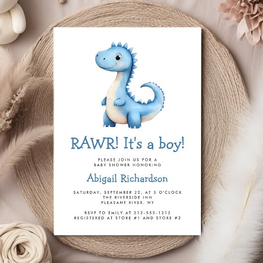 Invitation Baby shower Garçon Dinosaur Bleu Cute