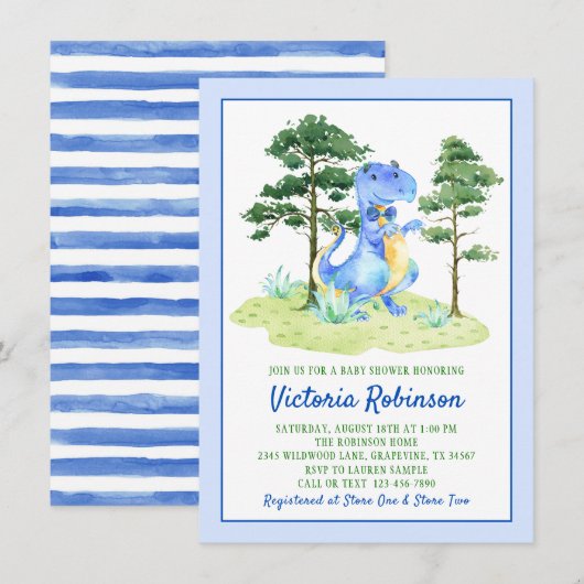 Invitation Baby-Shower Garçon Dinosaure Aquarelle (Devant / Derrière)