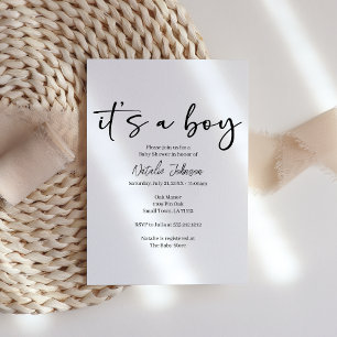 Invitation Baby Shower Garçon Écriture Simple Moderne Noir