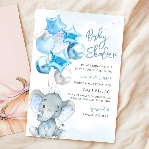 Invitation Baby-Shower Garçon Éléphant Ballon Bleu