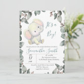 Invitation Baby shower garçon Eléphant Eucalyptus Feuilles (Debout devant)