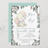 Invitation Baby shower garçon Eléphant Eucalyptus Feuilles (Devant / Derrière)