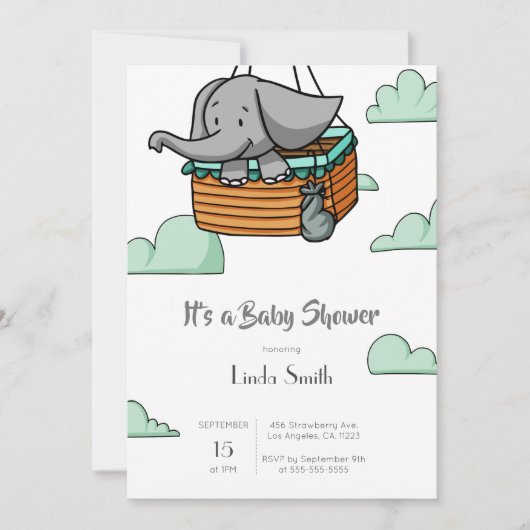 Invitation Baby shower garçon Eléphant mignon (Devant)