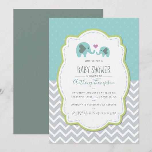 Invitation Baby shower garçon Elephants (Devant / Derrière)