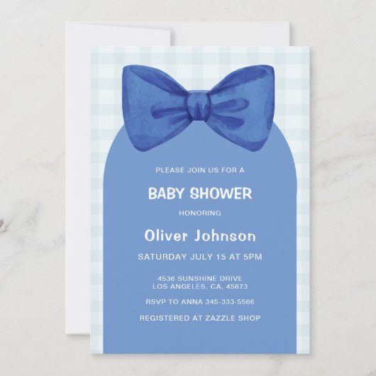 Invitation Baby shower garçon en arc poli bleu En vichy plaid (Devant)