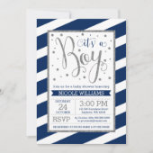 Invitation Baby shower Garçon en argent bleu marine (Devant)