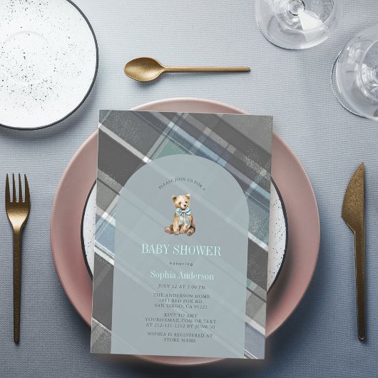 Invitation Baby shower Garçon en peluche gris et bleu plaid