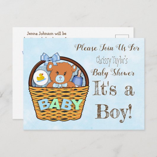 Invitation Baby shower Garçon en Teddy bleu (Devant / Derrière)