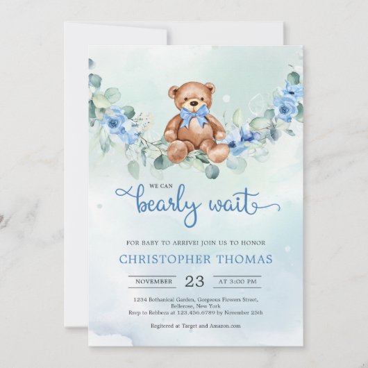 Invitation Baby shower Garçon Eucalyptus de l'ours en peluche (Devant)
