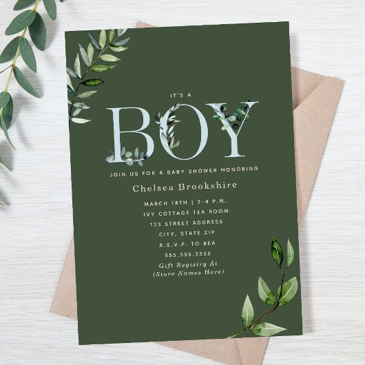 Invitation Baby shower Garçon Eucalyptus Vert foncé