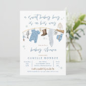 Invitation Baby shower garçon excité de rouleaux de pêche (Debout devant)