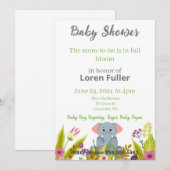 Invitation Baby shower Garçon fille Eléphant Gris Fleurs (Devant / Derrière)