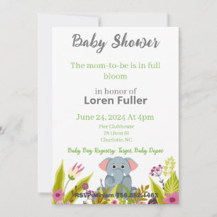 Invitation Baby shower Garçon fille Eléphant Gris Fleurs