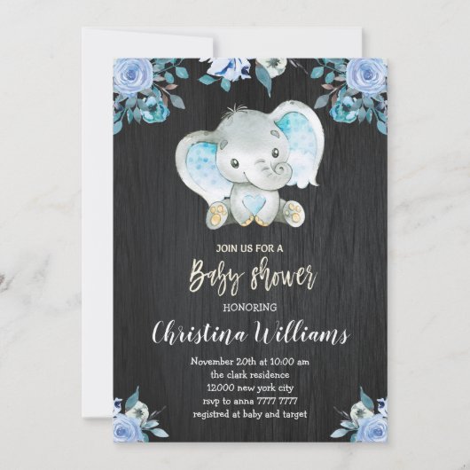 Invitation Baby shower garçon Fleurs bleu rustique Elephant (Devant)