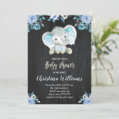Invitation Baby shower garçon Fleurs bleu rustique Elephant (Debout devant)