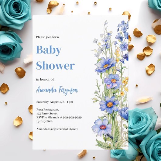 Invitation Baby shower garçon floral bleu
