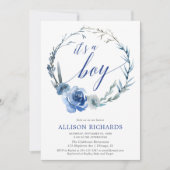 Invitation Baby shower garçon floral bleu, couronne de pivoin (Devant)
