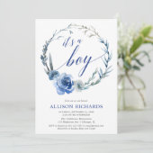 Invitation Baby shower garçon floral bleu, couronne de pivoin (Debout devant)