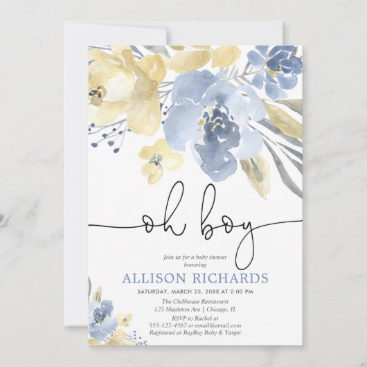Invitation Baby shower garçon floral bleu et jaune poussiéreu (Devant)