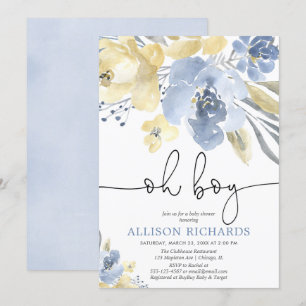 Invitation Baby shower garçon floral bleu et jaune poussiéreu