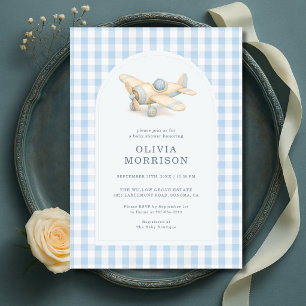 Invitation Baby Shower Garçon Gingham Bleu Avion