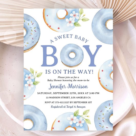 Invitation Baby Shower Garçon Gingham Bleu Donuts