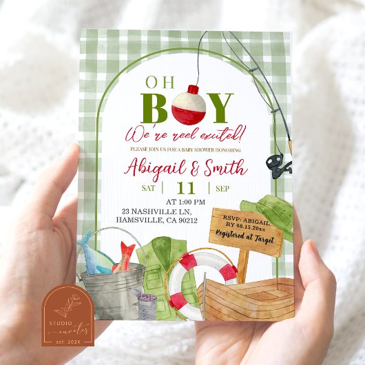 Invitation Baby Shower Garçon Gingham Vert Pêche