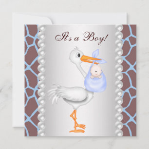 Invitation Baby Shower Garçon Girafe Cigogne Bleu Marron