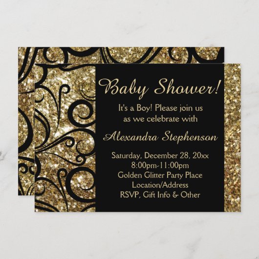 Invitation Baby shower Garçon Gold Sparkly Swirl (Devant / Derrière)