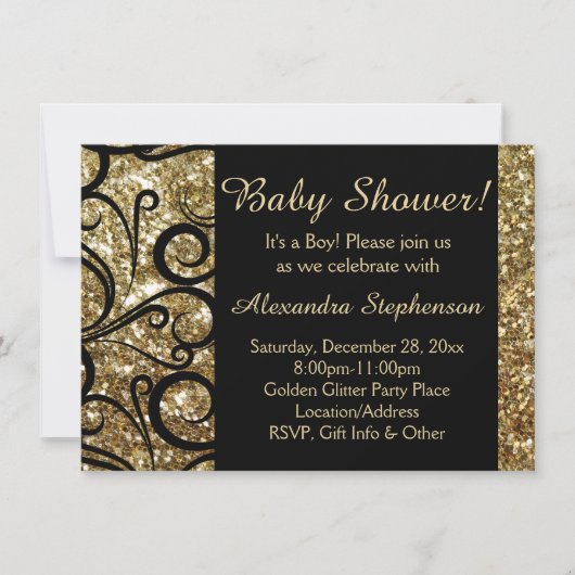 Invitation Baby shower Garçon Gold Sparkly Swirl (Devant)