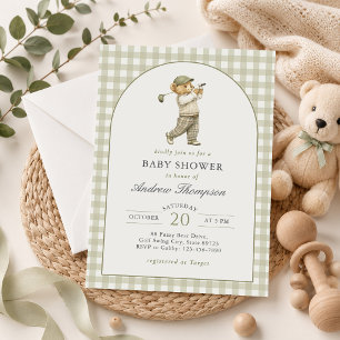 Invitation Baby Shower Garçon Golf Gingham Vert Sauge