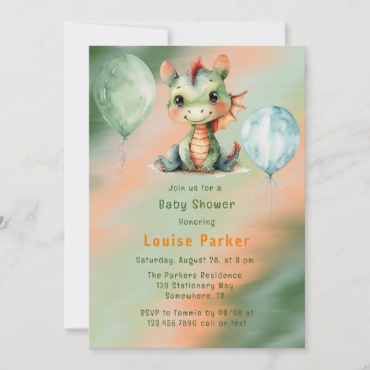 Invitation Baby shower Garçon Green Orange Dragon (Devant)