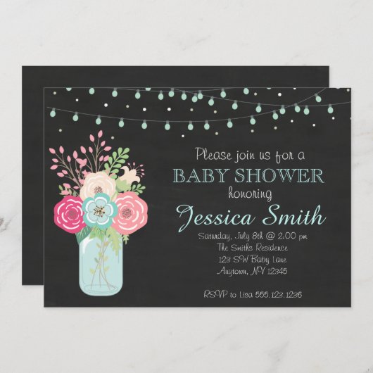Invitation Baby shower garçon - Mason Jar/Lumières (Devant / Derrière)