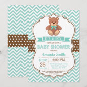 Invitation Baby shower Garçon ours en peluche Aqua Chevron (Devant / Derrière)
