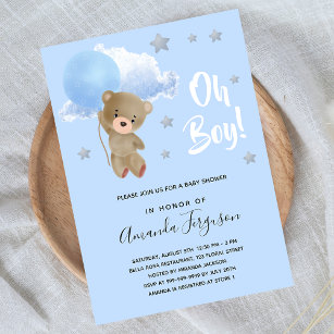 Invitation Baby shower garçon ours en peluche étoiles bleues