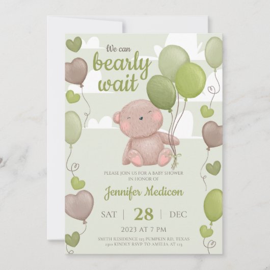 Invitation Baby shower Garçon Ours en Teddy Vert (Devant)