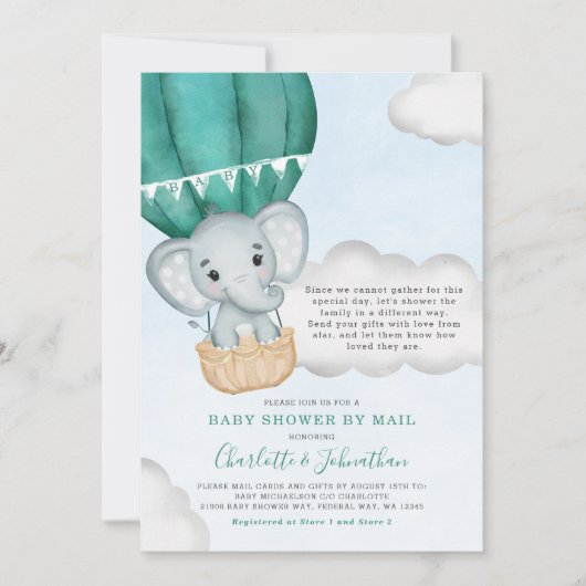 Invitation Baby shower Garçon Par Mail Elephant Turquoise (Devant)