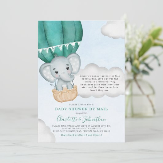 Invitation Baby shower Garçon Par Mail Elephant Turquoise (Debout devant)