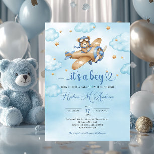 Invitation Baby shower garçon pilote d'ours en peluche mûre