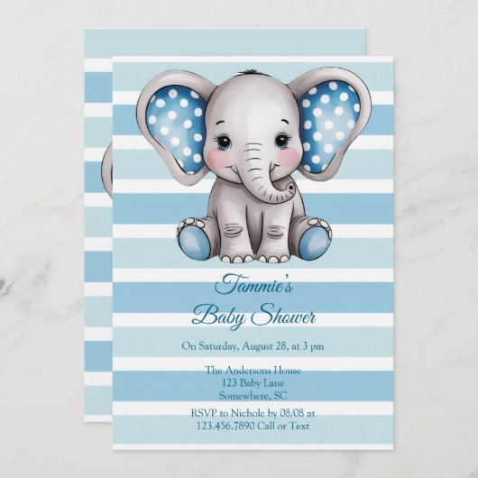 Invitation Baby shower garçon Pois Eléphant mignon (Devant / Derrière)