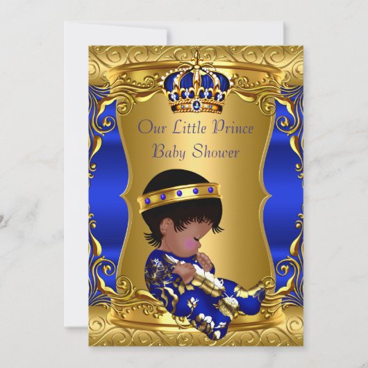 Invitation Baby Shower Garçon Prince Bleu Or Afro-Américain (Devant)