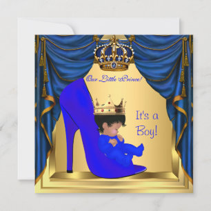 Invitation Baby Shower Garçon Prince Bleu Royal Chaussure Or