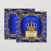 Invitation Baby shower Garçon Royal Blue Damask Gold Crown 2 (Devant / Derrière)