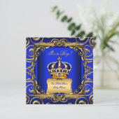 Invitation Baby shower Garçon Royal Blue Damask Gold Crown 2 (Debout devant)