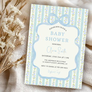 Invitation Baby Shower Garçon Ruban Floral Vintage Bleu
