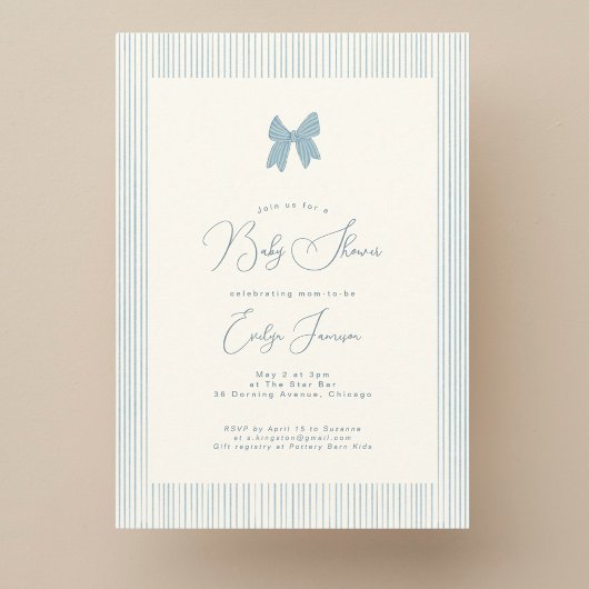 Invitation Baby shower garçon ruban rayé bleu classique