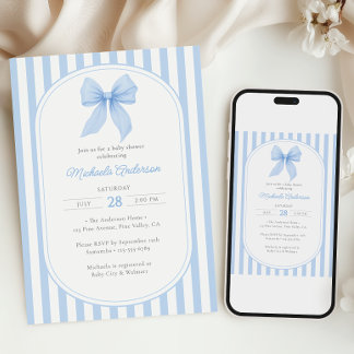 Invitation Baby Shower Garçon Ruban Rayé Nœud Coquette Bleu