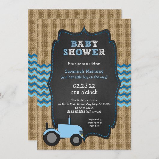 Invitation Baby shower garçon Rustic Blue Tractor (Devant / Derrière)