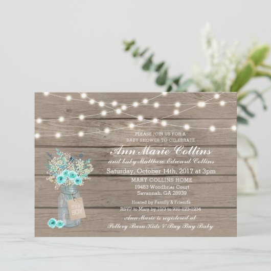Invitation Baby shower Garçon Rustique String Lights Babys Re (Debout devant)
