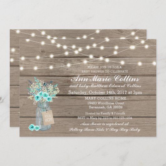 Invitation Baby shower Garçon Rustique String Lights Babys Re (Devant / Derrière)